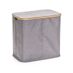 Panier à linge double en toile et bambou gris h50.5cm
