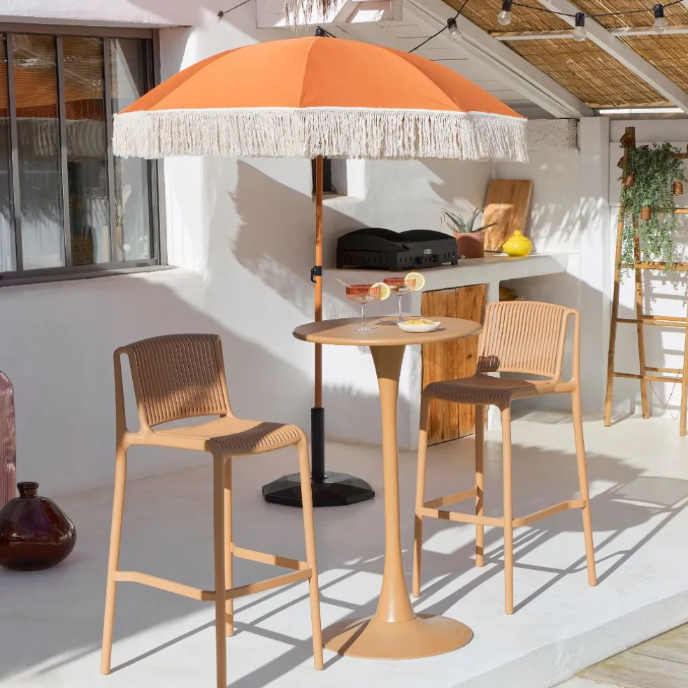 Parasol terracotta avec frange en coton beige d200xh210cm