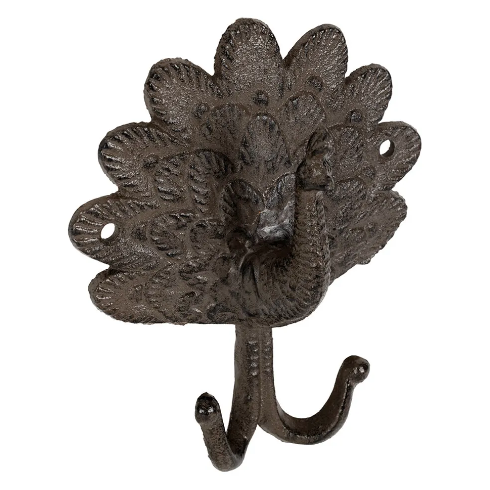 Patère double paon en fonte brun