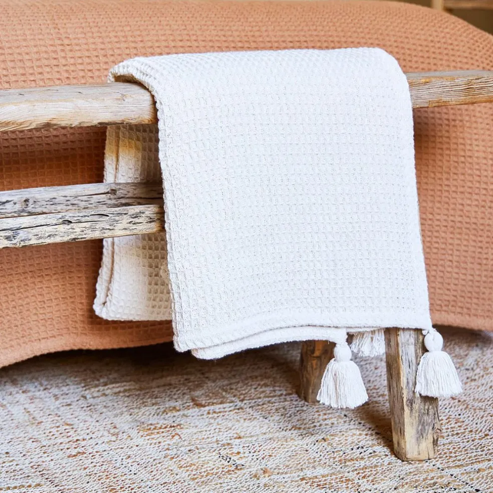 Plaid en coton nid d'abeille ecru 170x130cm - Beezz