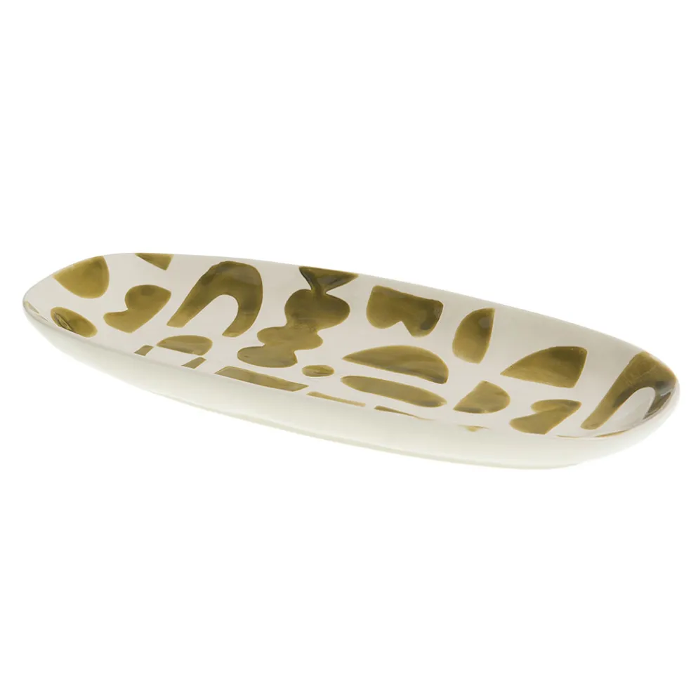Plat ovale en grès vert et blanc - Ohana