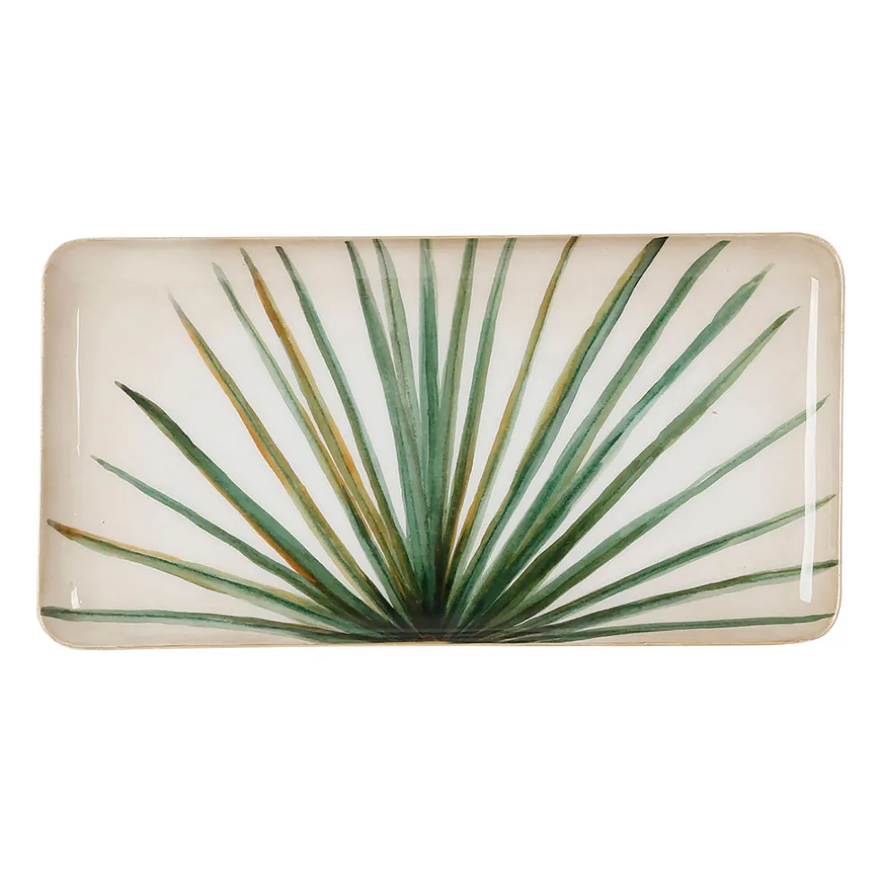 Plateau rectangulaire en fer vert et doré 30.5x15.5cm en fer - palmier