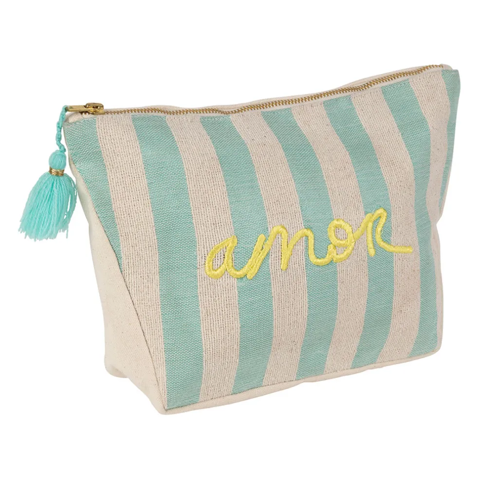 Pochette brodée amor en coton turquoise - Medi