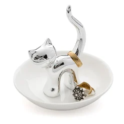 Porte-bagues chat céramique argenté