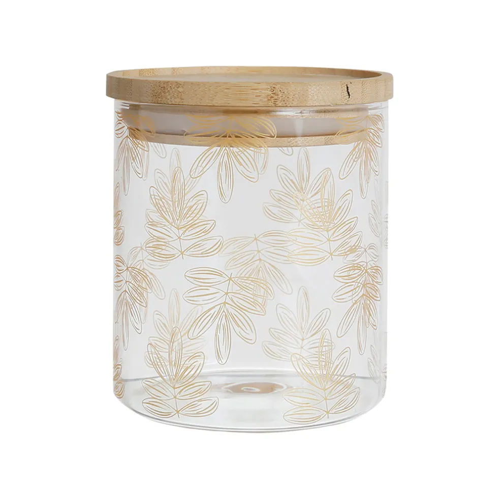 Pot Flaural doré en verre avec couvercle en bambou D9.5Xh11Cm (modèle moyen)