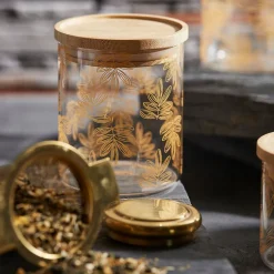 Pot Flaural doré en verre avec couvercle en bambou D9.5Xh11Cm (modèle moyen)