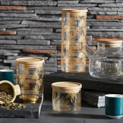 Pot Flaural doré en verre avec couvercle en bambou D9.5Xh21Cm (grand modèle)