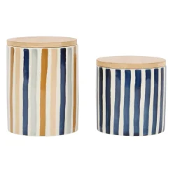 Pot x2 avec couvercle en bambou rayé bleu et beige en grès - blue sand