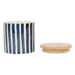 Pot x2 avec couvercle en bambou rayé bleu et beige en grès - blue sand