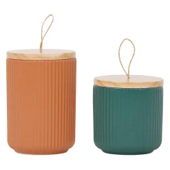 Pots x2 avec couvercle en bois terracotta et émeraude en grès - sweet leaves
