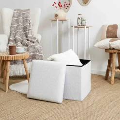 Pouf coffre pliable en tissu bouclette blanc