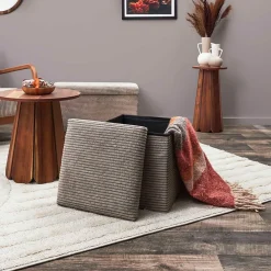 Pouf coffre pliable en tissu côtelé taupe - Scarlett
