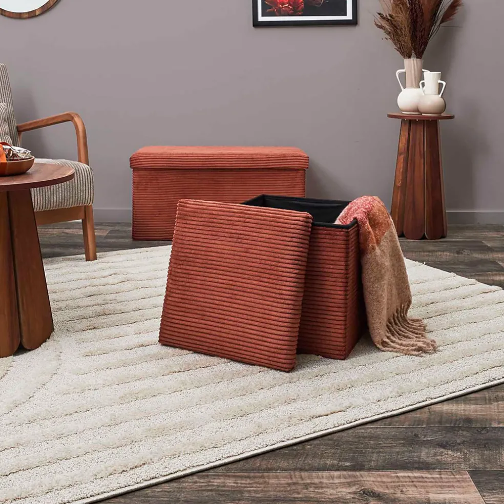 Pouf coffre pliable en tissu côtelé terracotta - Scarlett