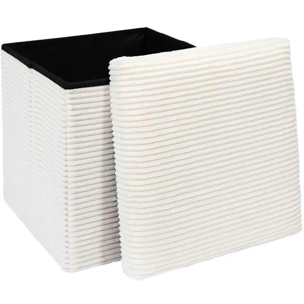 Pouf coffre pliable en tissu côtelé beige - Scarlett