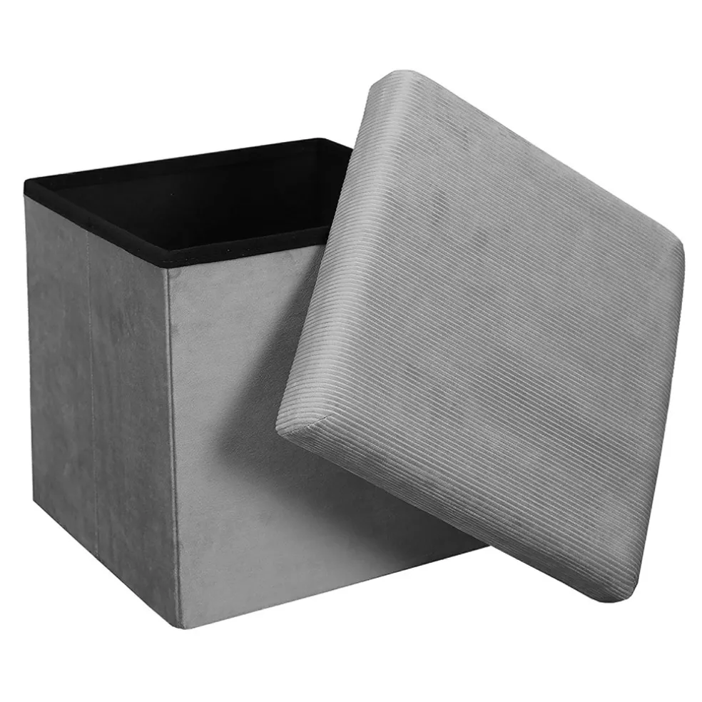 Pouf coffre pliable en velours côtelé gris - Julia
