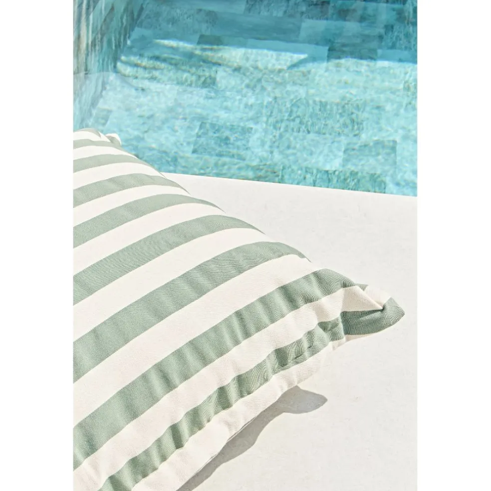 Pouf d'extérieur en tissu rayé sauge et écru 95x95cm - Sola