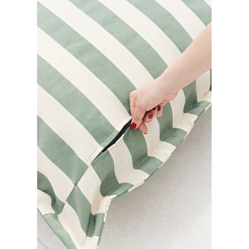 Pouf d'extérieur en tissu rayé sauge et écru 95x95cm - Sola