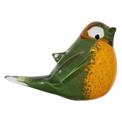 Presse papier moineau en verre vert et jaune - Serin