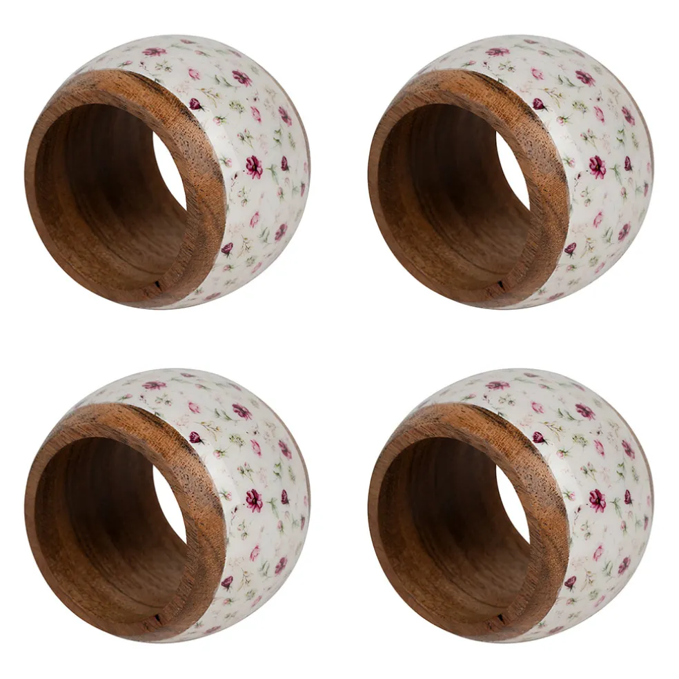 Rond de serviette (x4) en acacia et résine rose et blanc d3cm