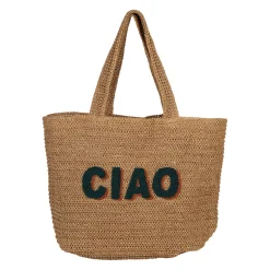 Sac brodé "ciao" en corde de papier naturel et émeraude - Lumi