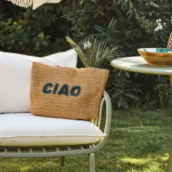 Sac brodé "ciao" en corde de papier naturel et émeraude - Lumi