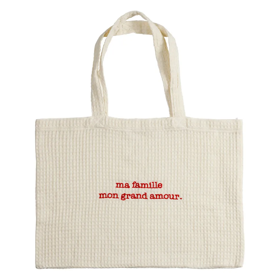 Sac grand amour en coton écru et rouge - Famille