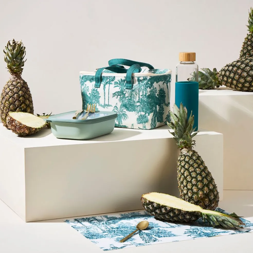 Sac isotherme en coton écru et palmiers émeraude - Mocoa