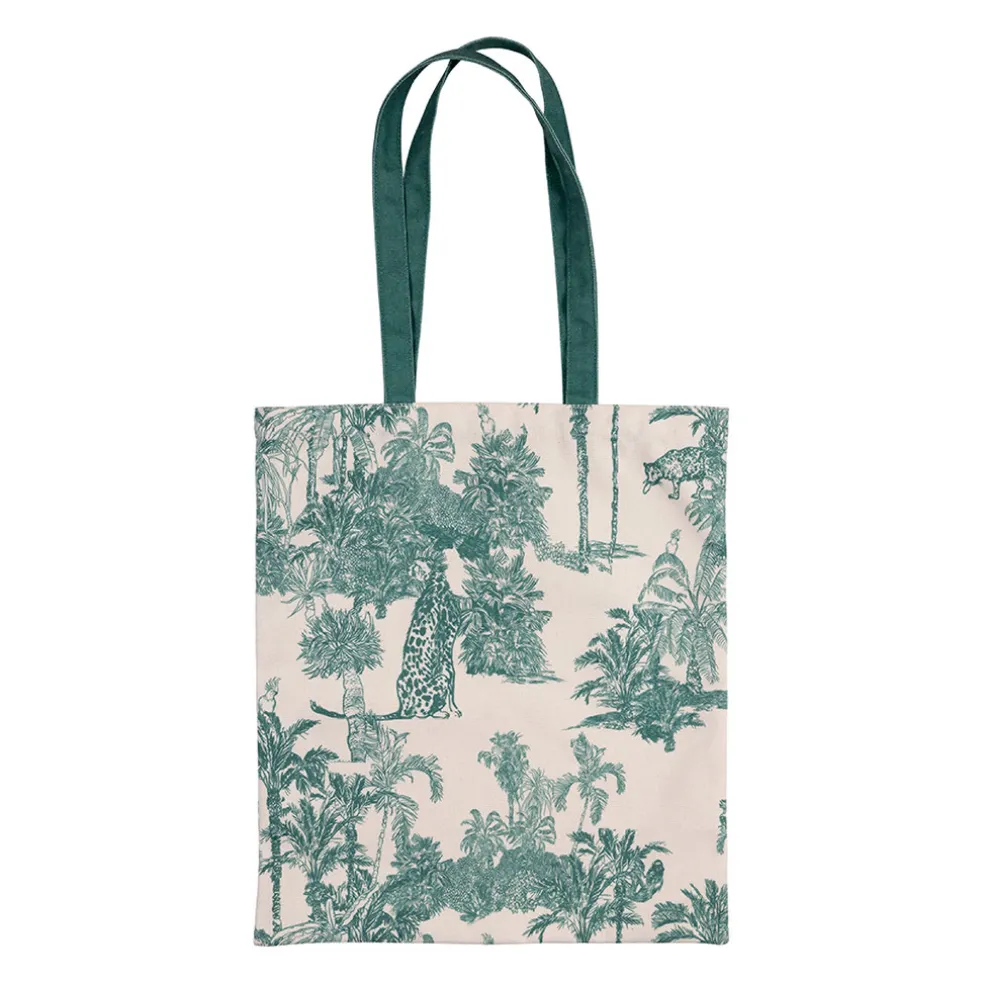 Sac tote bag en coton écru et palmiers émeraude - Mocoa