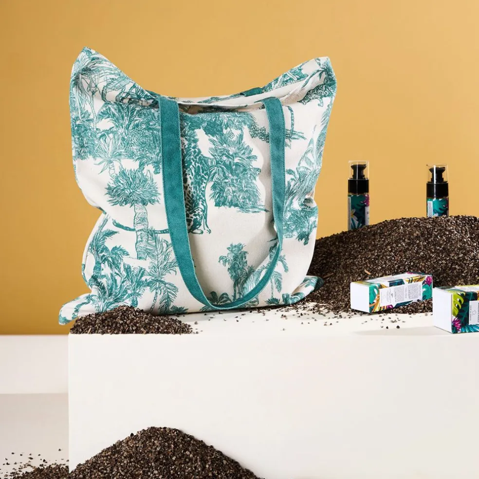 Sac tote bag en coton écru et palmiers émeraude - Mocoa
