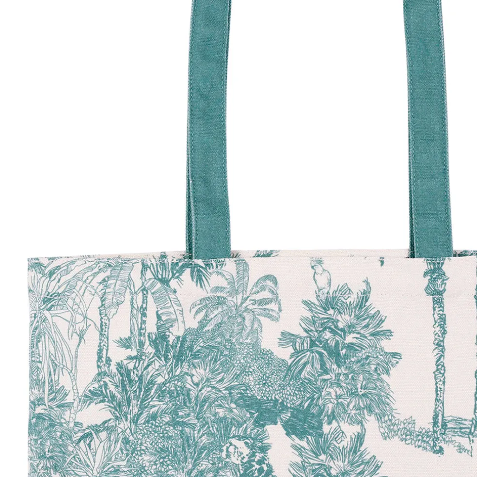 Sac tote bag en coton écru et palmiers émeraude - Mocoa