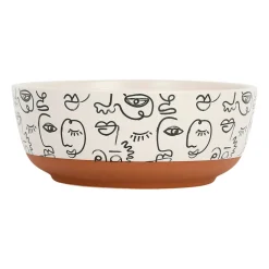 Saladier visage beige et brun en grès - terre brulée