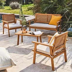Salon de jardin 4 pièces en acacia naturel et beige - Condao