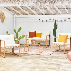 Salon de jardin 4 places en fer avec coussins blanc - Cagliari