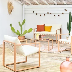 Salon de jardin 4 places en fer avec coussins blanc - Cagliari