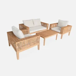 Salon de jardin 4 places en cannage et acacia brossé et coussins beige - Olinda