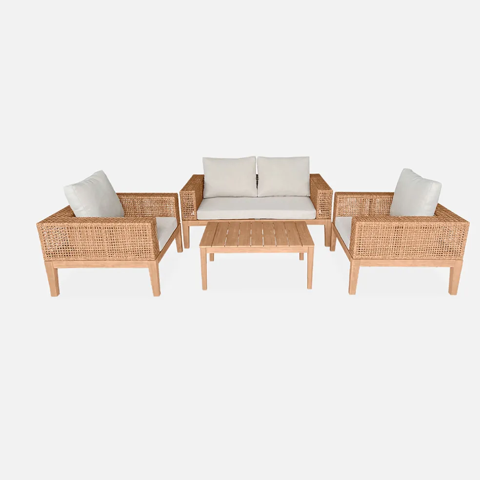 Salon de jardin 4 places en cannage et acacia brossé et coussins beige - Olinda