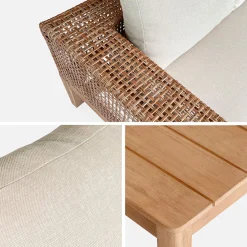 Salon de jardin 4 places en cannage et acacia brossé et coussins beige - Olinda