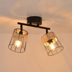 Spot 2 lumières en metal et rotin tresse h23cm noir - indah