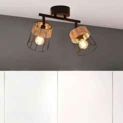 Spot 2 lumières en metal et rotin tresse h23cm noir - indah