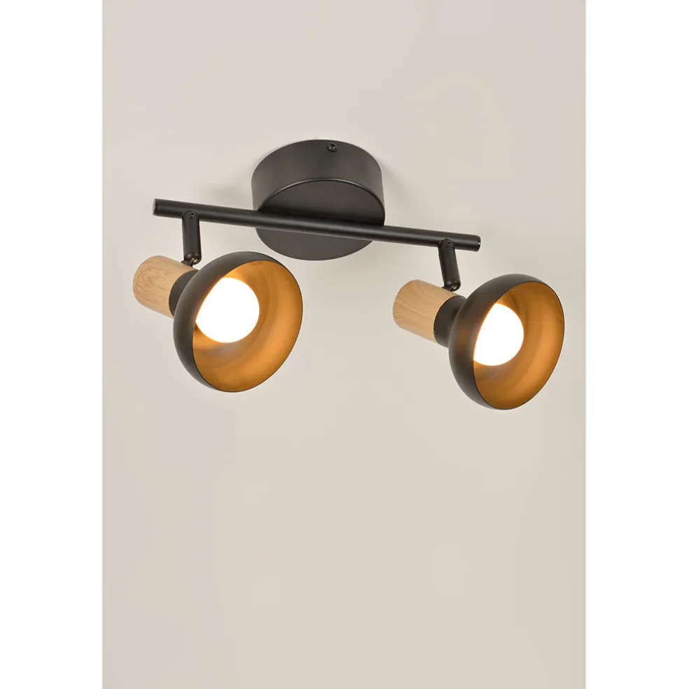 Spot 2 lumières en métal effet bois noir L25.5cm - Alvar