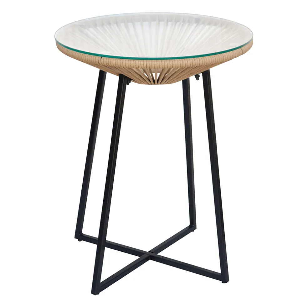 Table bar extérieur rond en fer et verre beige et noir d61cm - Baleares