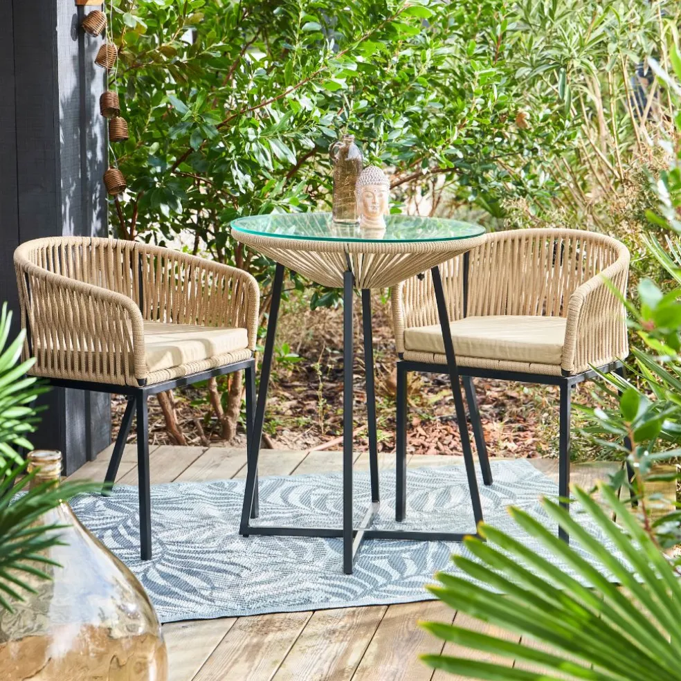 Table bar extérieur rond en fer et verre beige et noir d61cm - Baleares