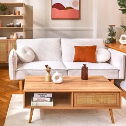 Table basse avec tiroir en bois et cannage L110cm - Baia