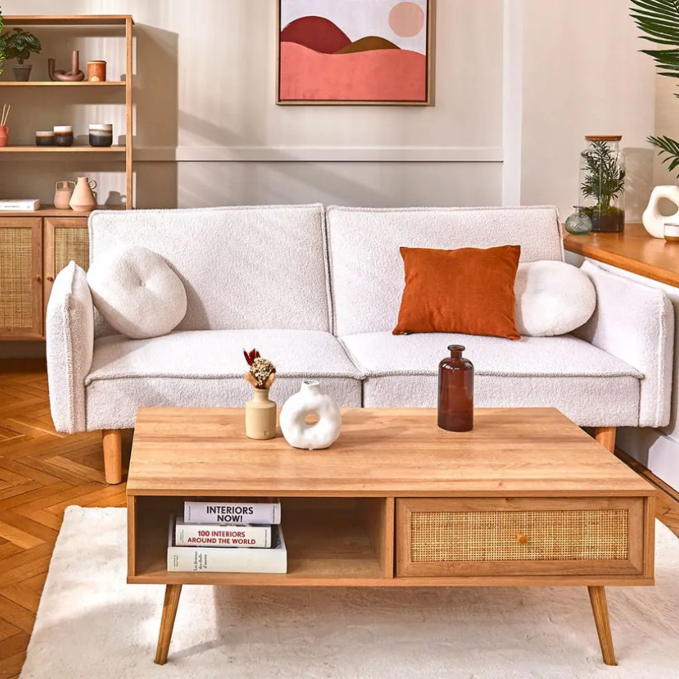 Table basse avec tiroir en bois et cannage L110cm - Baia