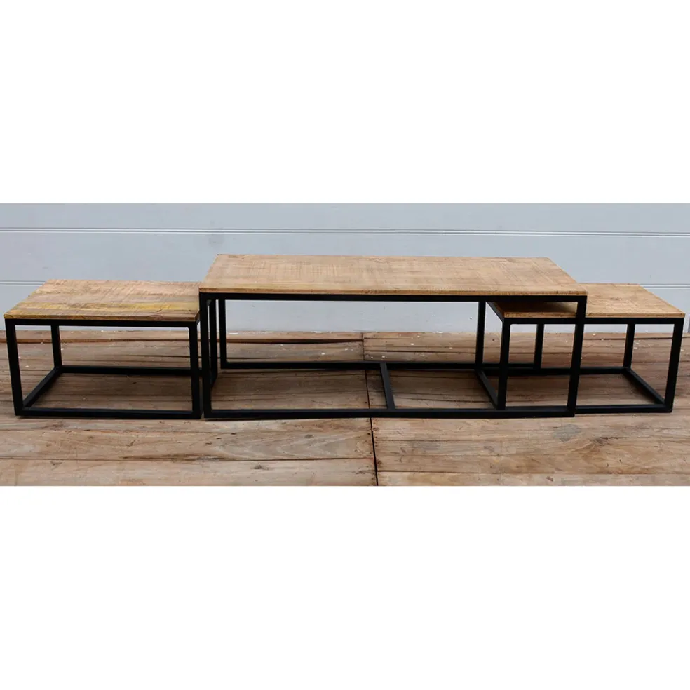 Table basse gigogne (lot de 3) en manguier et fer noir -Noe