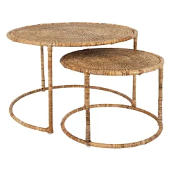 Table basse gigogne ronde (lot de 2) en rotin naturel et fer - Pasil