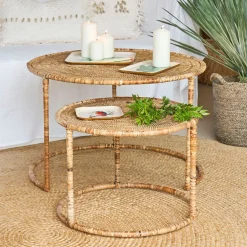 Table basse gigogne ronde (lot de 2) en rotin naturel et fer - Pasil