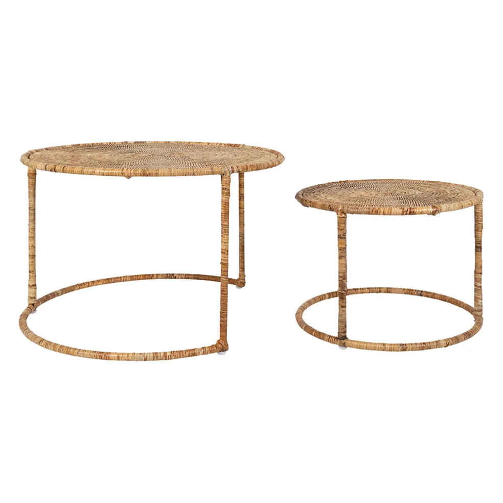 Table basse gigogne ronde (lot de 2) en rotin naturel et fer - Pasil