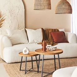 Table basse (lot de 2) en bambou, rotin et pieds en fer noir - Saori