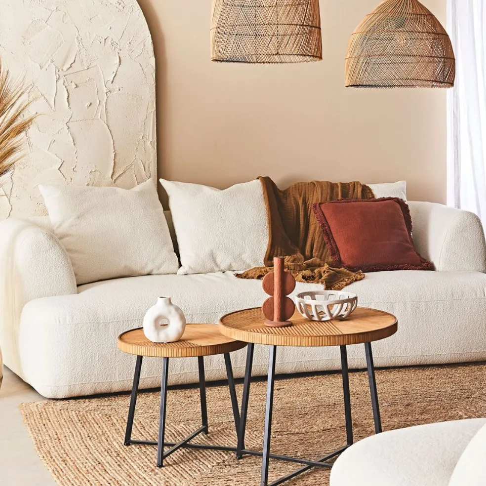 Table basse (lot de 2) en bambou, rotin et pieds en fer noir - Saori